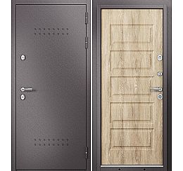 Металлическая левая стандартная дверь букле шоколад / дуб 960 в частный дом под ключ