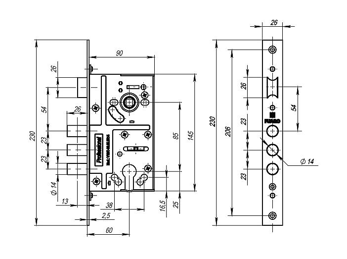 Корпус врезного замка c защёлкой MDV10/C-60.85.3R14